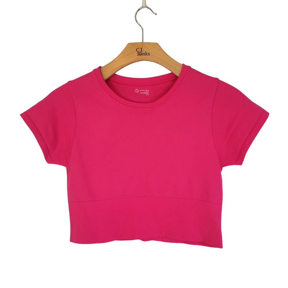 Aerie Offline Crop Top Hot Pink Size Large Ribbed Short Sleeves Formfitting